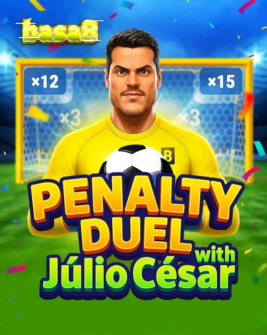 Penalty Duel with Júlio César slot game interface featuring the goalkeeper and penalty goal zones.